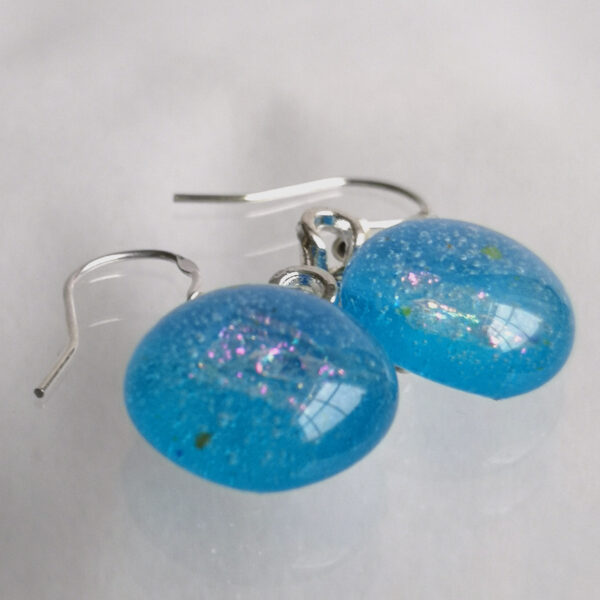 Iridescent sea blue fused glass earrings 5