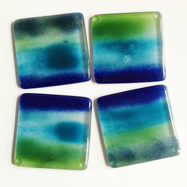 Drinks coasters from recycled glass in blues and greens 2
