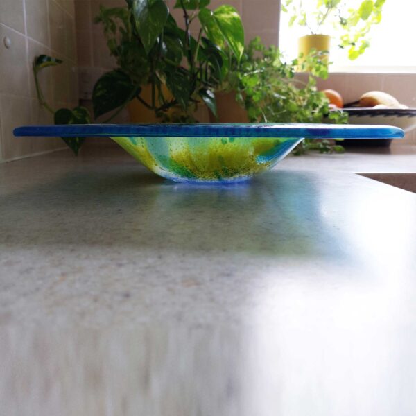 Bluebell woods, square fused glass fruit bowl in blues and greens 1